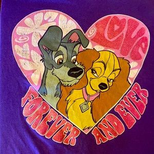 Disney classic lady and the tramp tee. Purple with the words forever and ever.